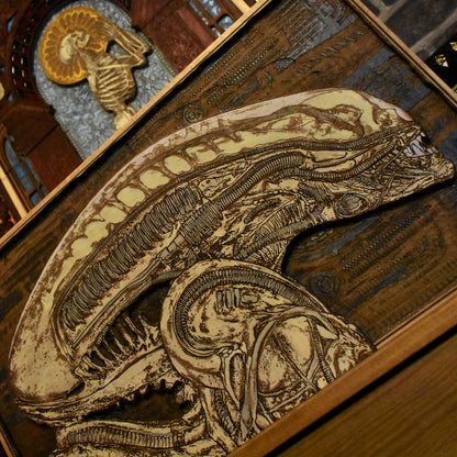 Alien head hand-carved wood wall art, sci-fi decor inspired by the iconic movie design, limited edition, laser engraved, perfect for unique gifts and home decor.