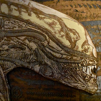 Alien head hand-carved wood wall art, sci-fi decor inspired by the iconic movie design, limited edition, laser engraved, perfect for unique gifts and home decor.