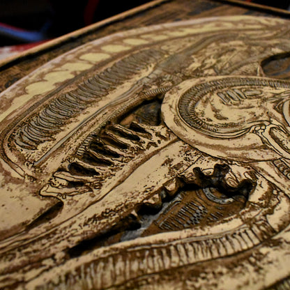 Alien head hand-carved wood wall art, sci-fi decor inspired by the iconic movie design, limited edition, laser engraved, perfect for unique gifts and home decor.