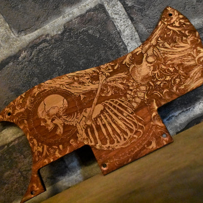 Custom wooden pickguard with a laser-engraved Stumble Skeleton design, crafted for Epiphone SG Special guitars.