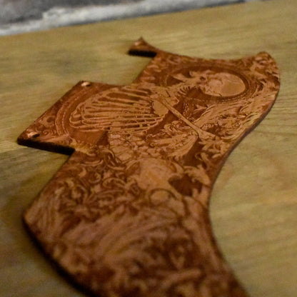 Unique wooden guitar pickguard featuring a Stumble Skeleton design, perfect for personalizing an Epiphone SG Special.