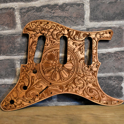 Floral wood pickguard for Stratocaster HSS and SSS electric guitars, laser-engraved.