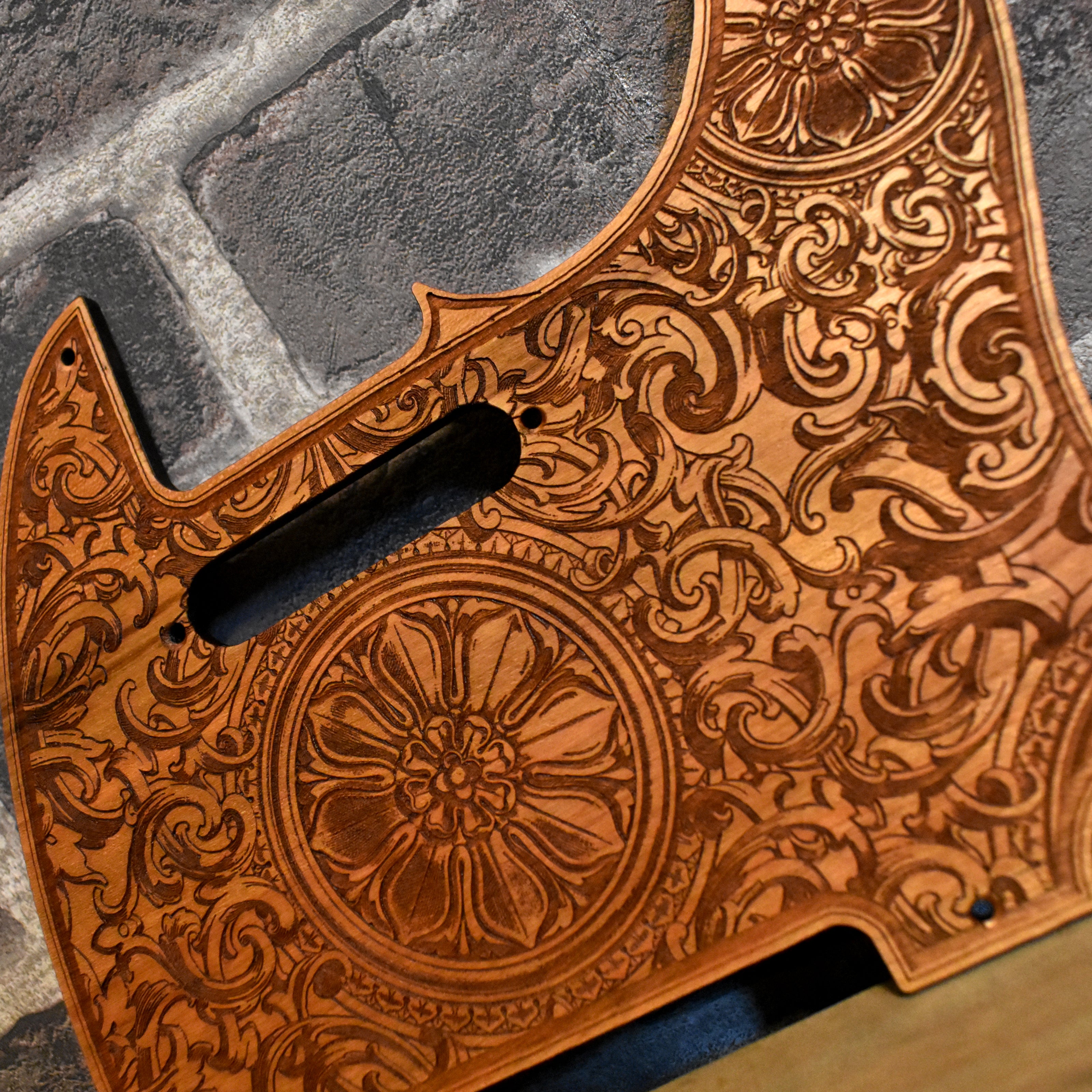 Custom wooden pickguard with floral engraving, compatible with tecast guitars