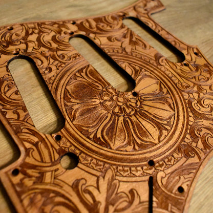 Unique engraved wooden pickguard for Stratocaster HSS and SSS guitars, floral aesthetic.