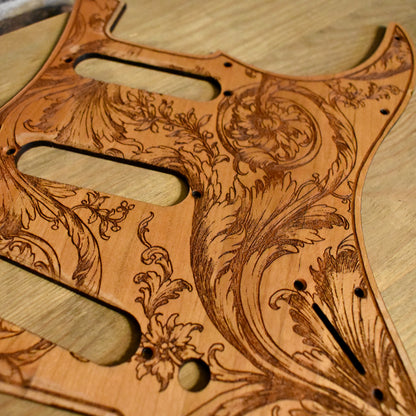 Floral 1 wood pickguard, precision-cut replacement for Stratocaster electric guitars.