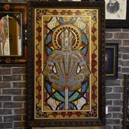 Handcrafted wooden artwork featuring a medieval knight in armor, recreated as a gothic stained glass window design. Made from solid maple wood, hand-painted with acrylic vitrail paint, and framed in a dark brown flourish frame.

