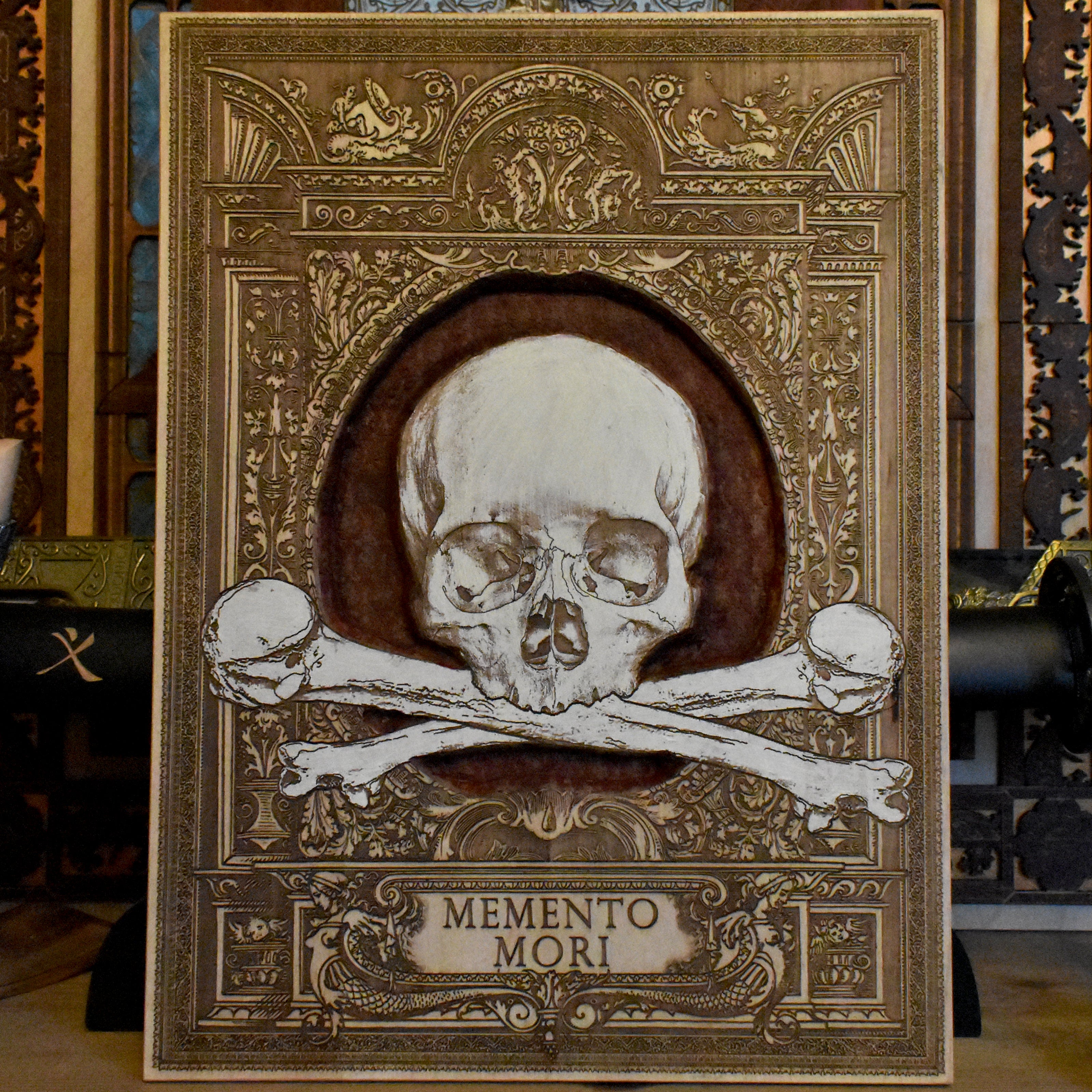 Handcrafted wooden skull panel with intricate carvings