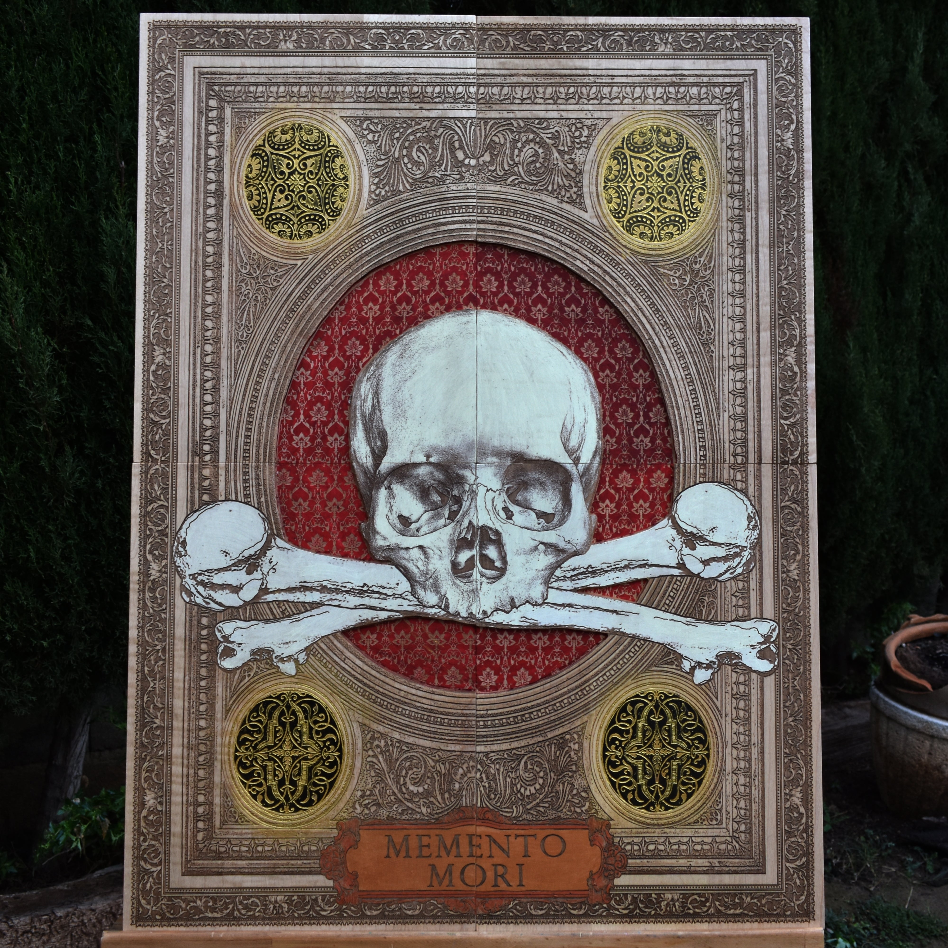 Memento Mori skull wood art, deeply hand-carved on four large wood panels. A gothic masterpiece, perfect for dark art lovers, collectors, and unique wall decor.