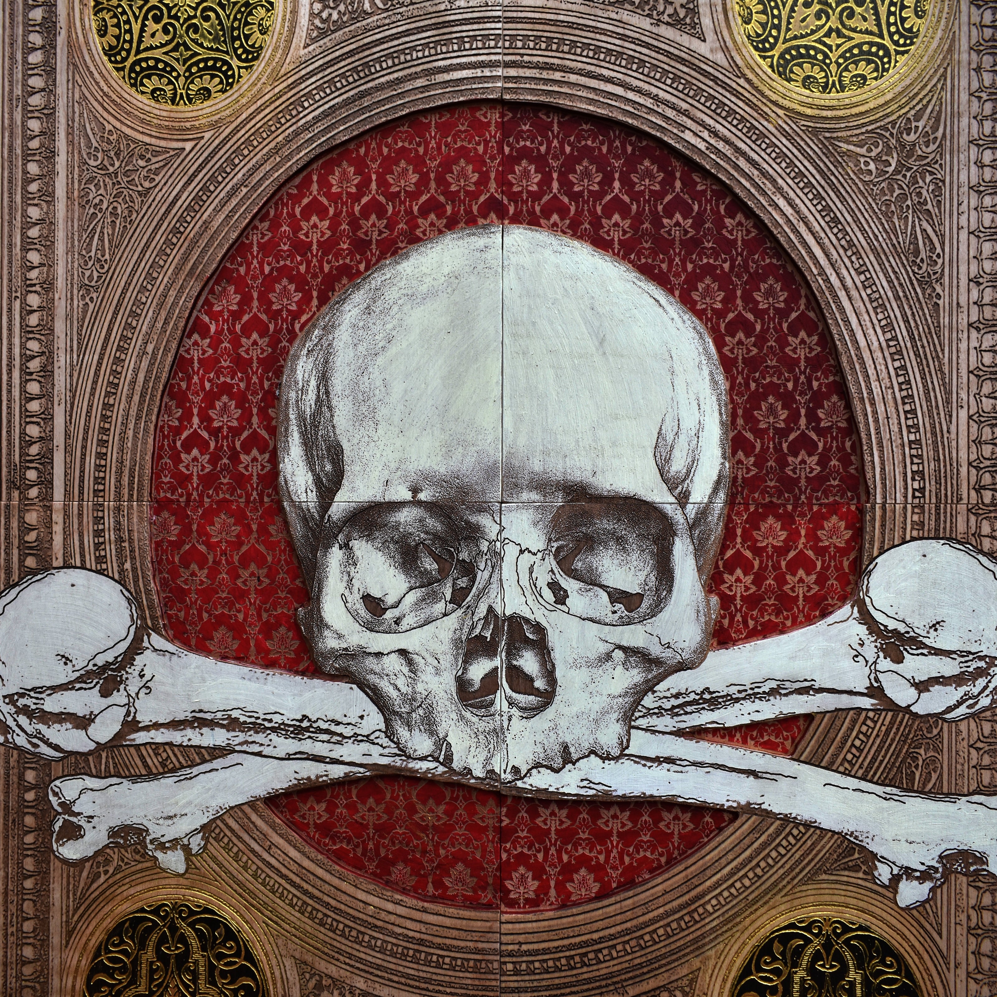 Dark art Memento Mori skull engraving on wood, a handcrafted four-piece set. Gothic wall decor for collectors, horror enthusiasts, and macabre art fans.