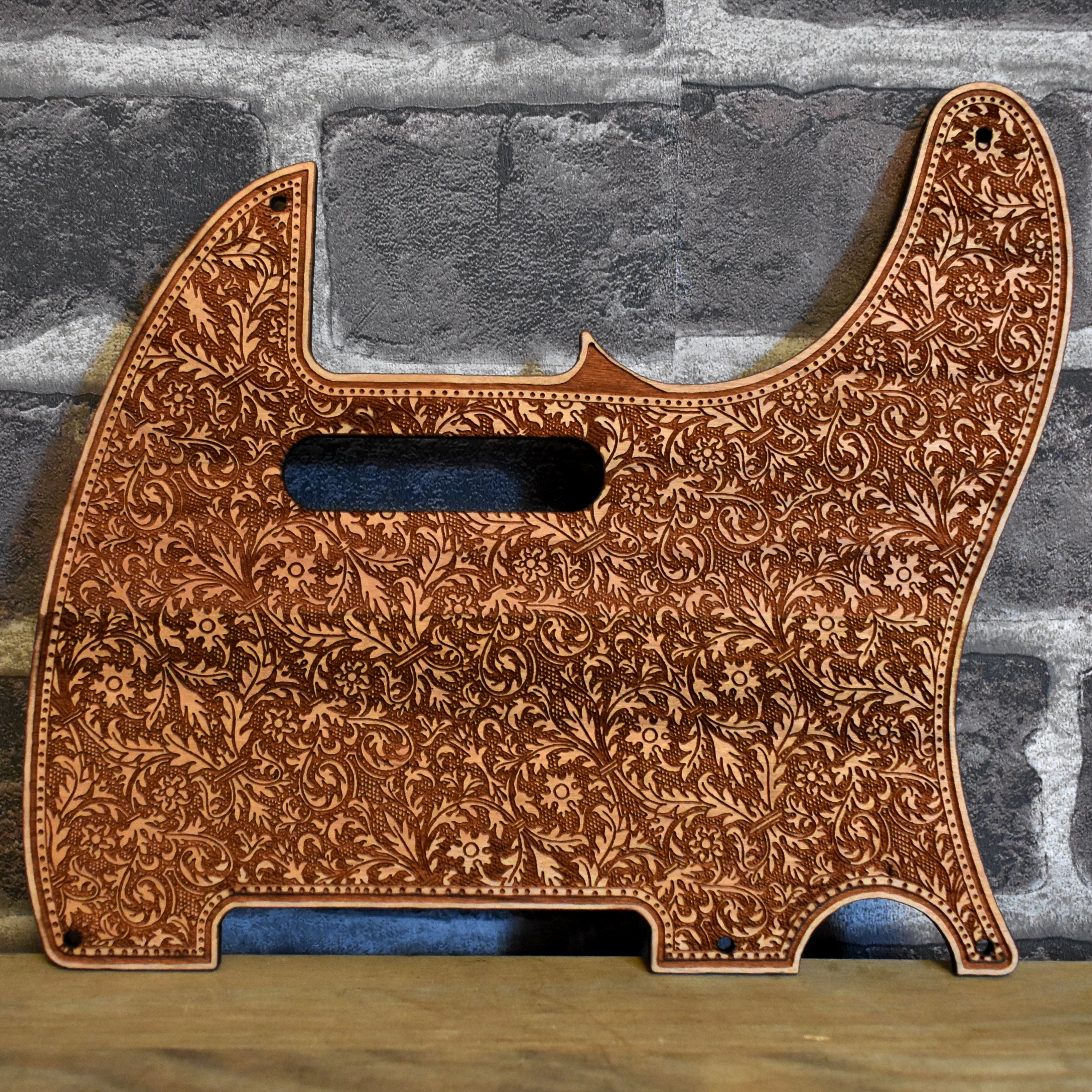 Fender Telecaster cherry wood pickguard with laser-engraved floral design