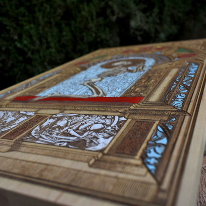 Wooden wall art featuring a hand-painted human skeleton in a prayer pose, with Memento Mori symbolism. Made from solid maple wood, customizable with a name, date, or special message. A meaningful gift.