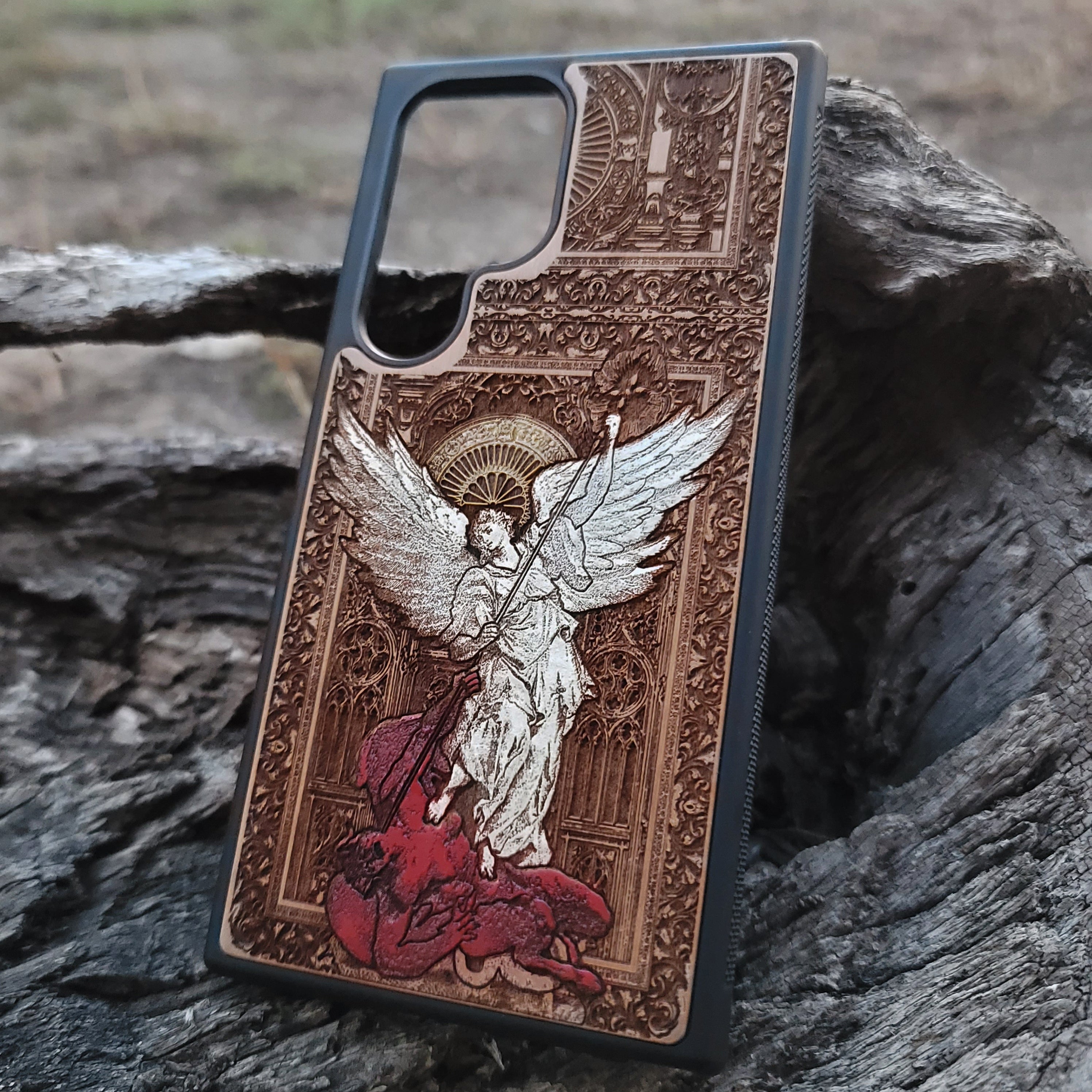 Saint Michael the Archangel - Wood Phone Case - Gothic Hand Painted