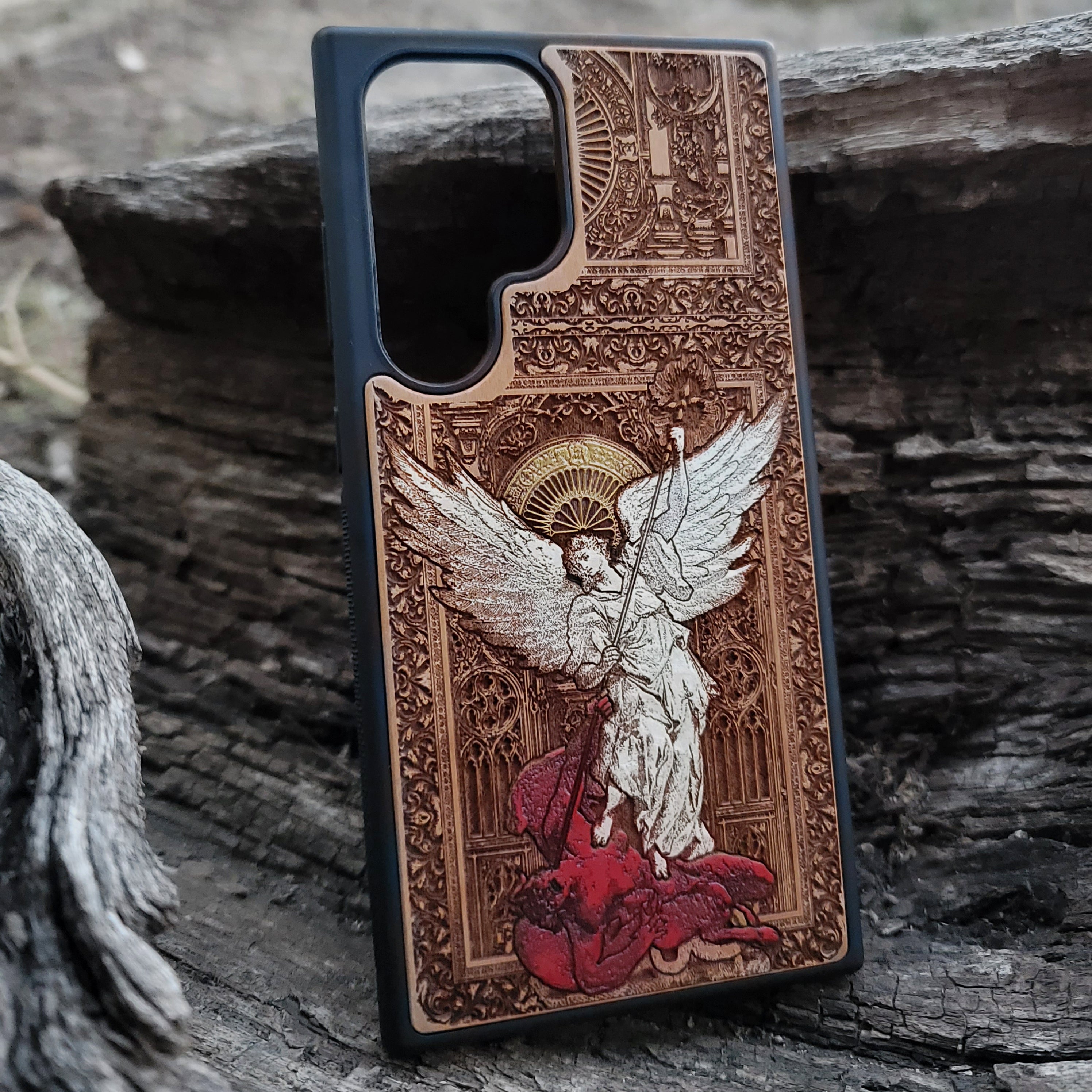 Saint Michael the Archangel - Wood Phone Case - Gothic Hand Painted