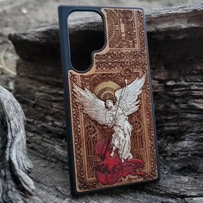 Saint Michael the Archangel - Wood Phone Case - Gothic Hand Painted