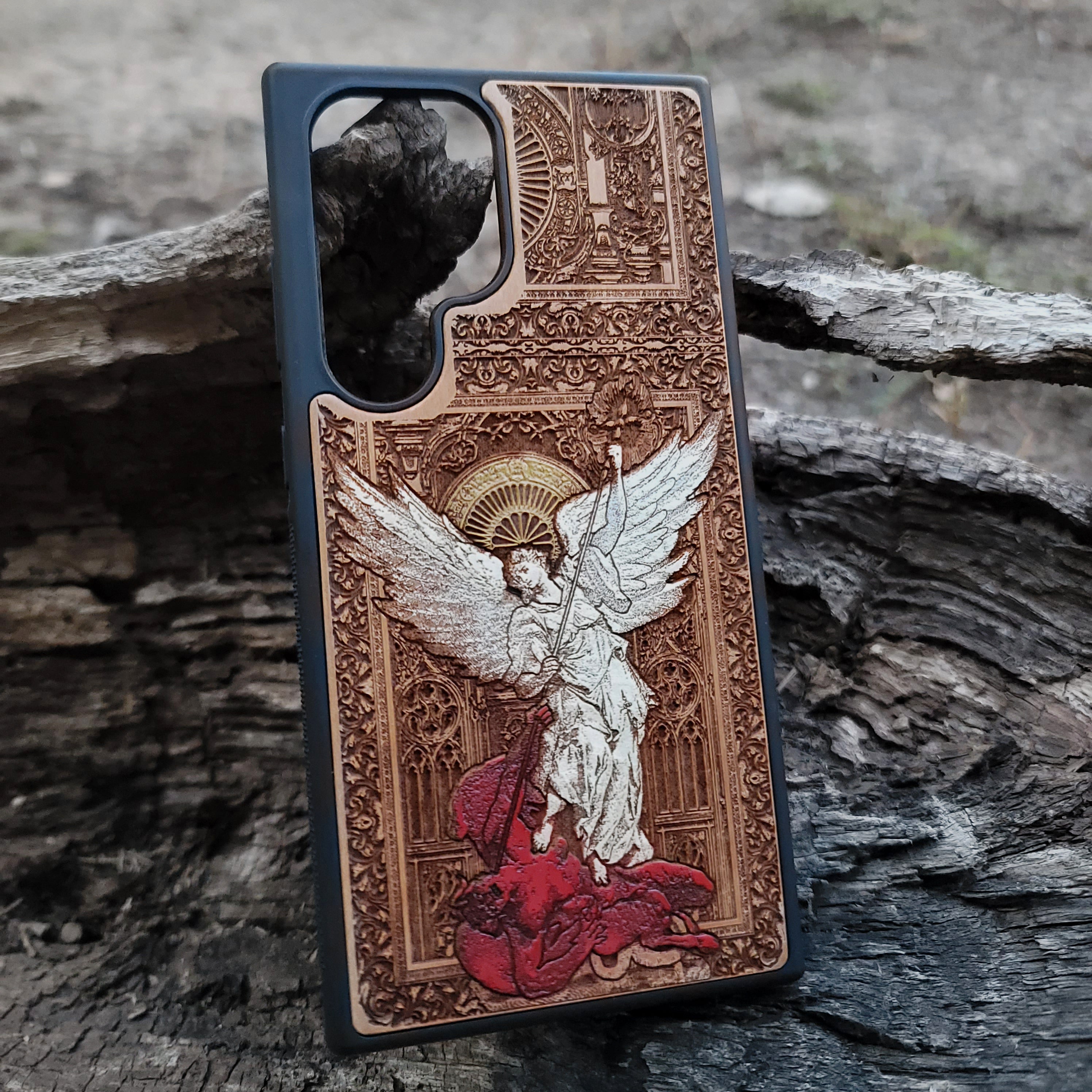 Saint Michael the Archangel - Wood Phone Case - Gothic Hand Painted