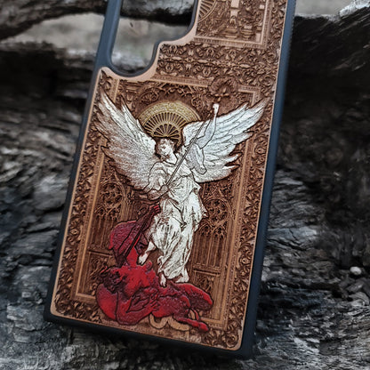 Saint Michael the Archangel - Wood Phone Case - Gothic Hand Painted