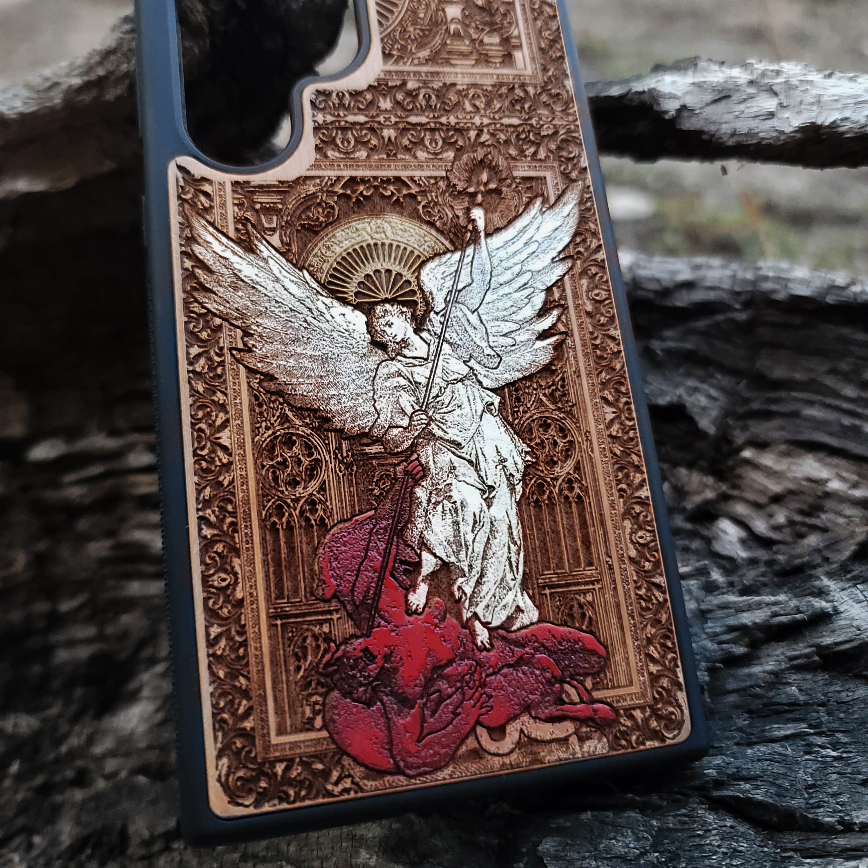 Saint Michael the Archangel - Wood Phone Case - Gothic Hand Painted