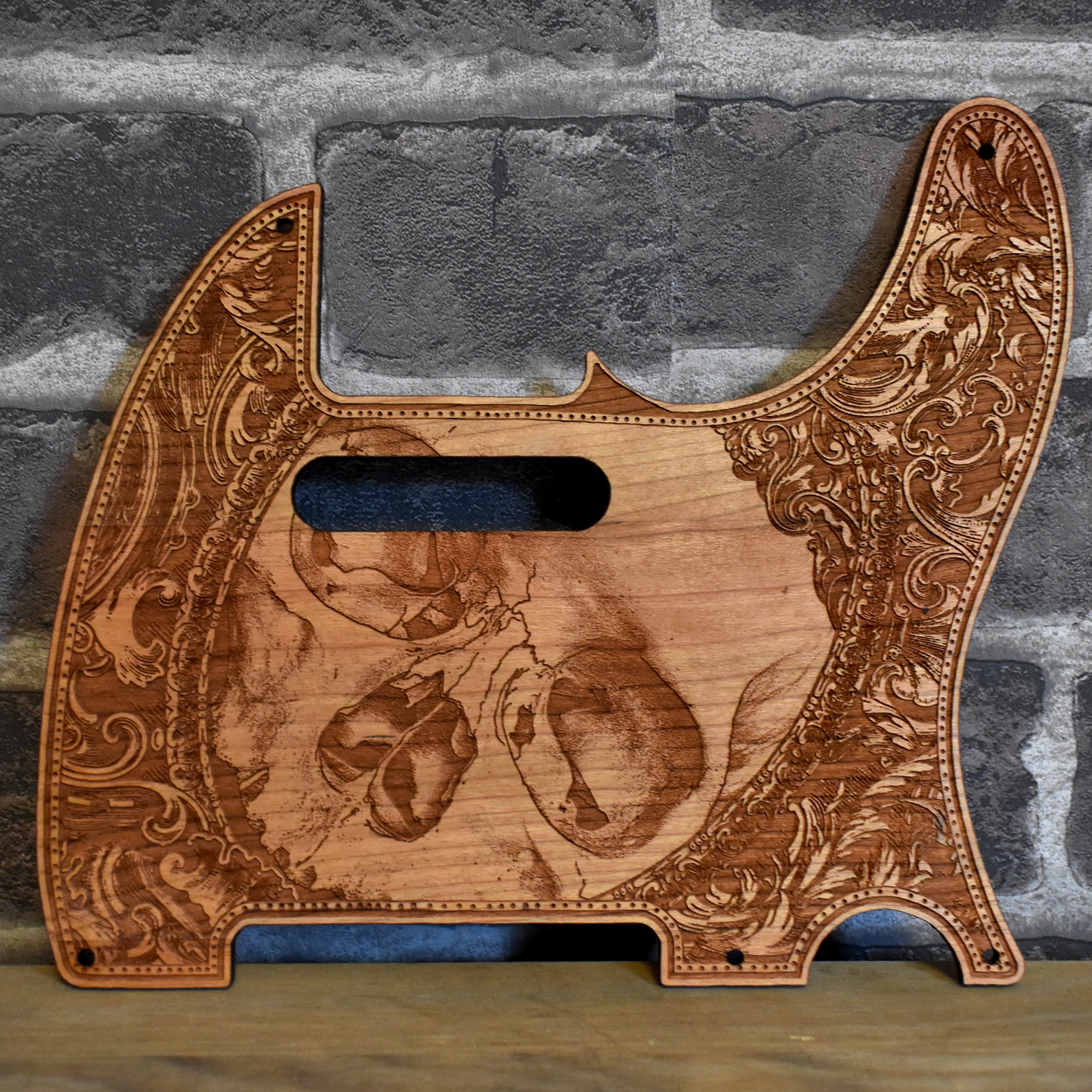 Fender Telecaster cherry wood pickguard with laser-engraved skull design