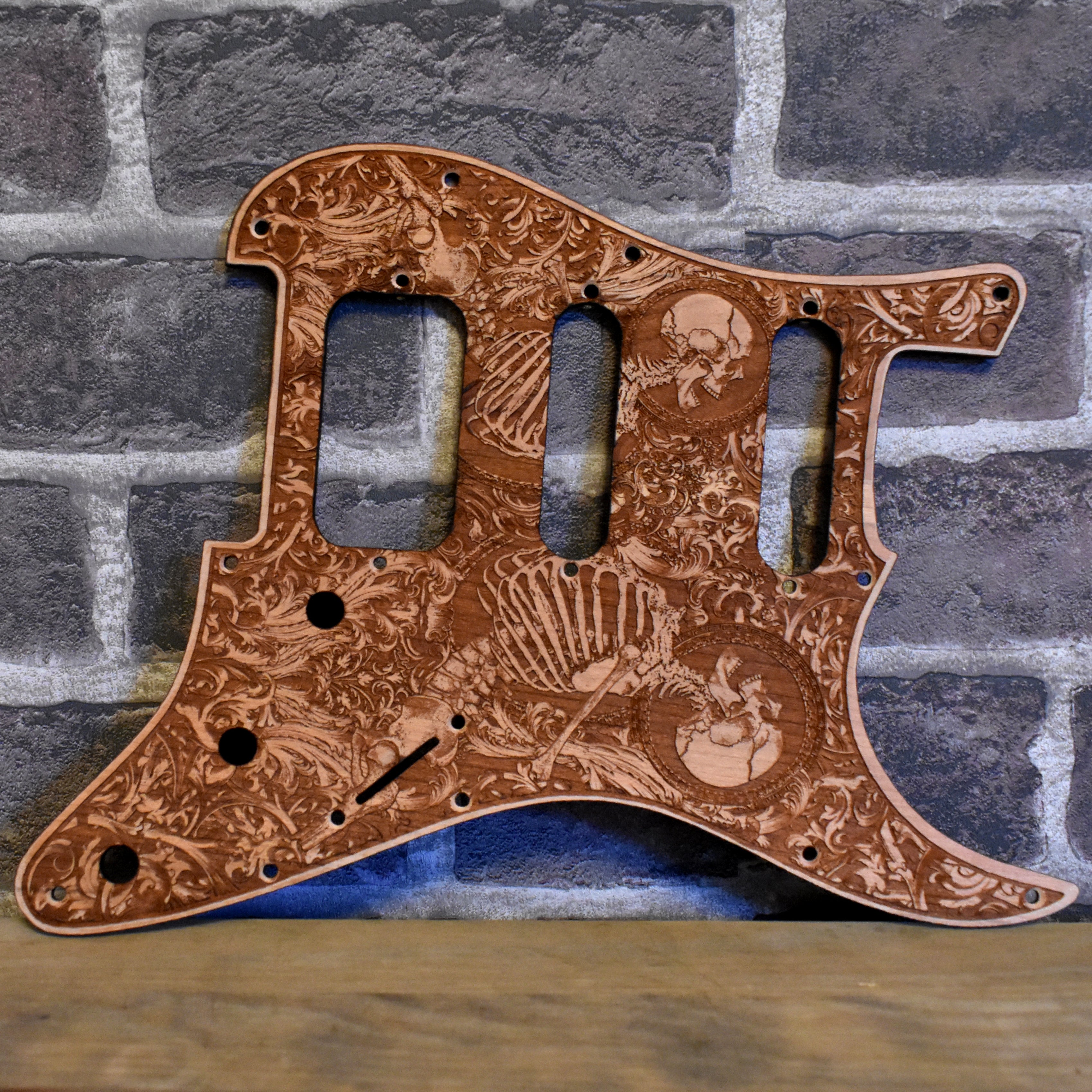 Cherry wood pickguard for Fender Strato, laser engraved, handcrafted design