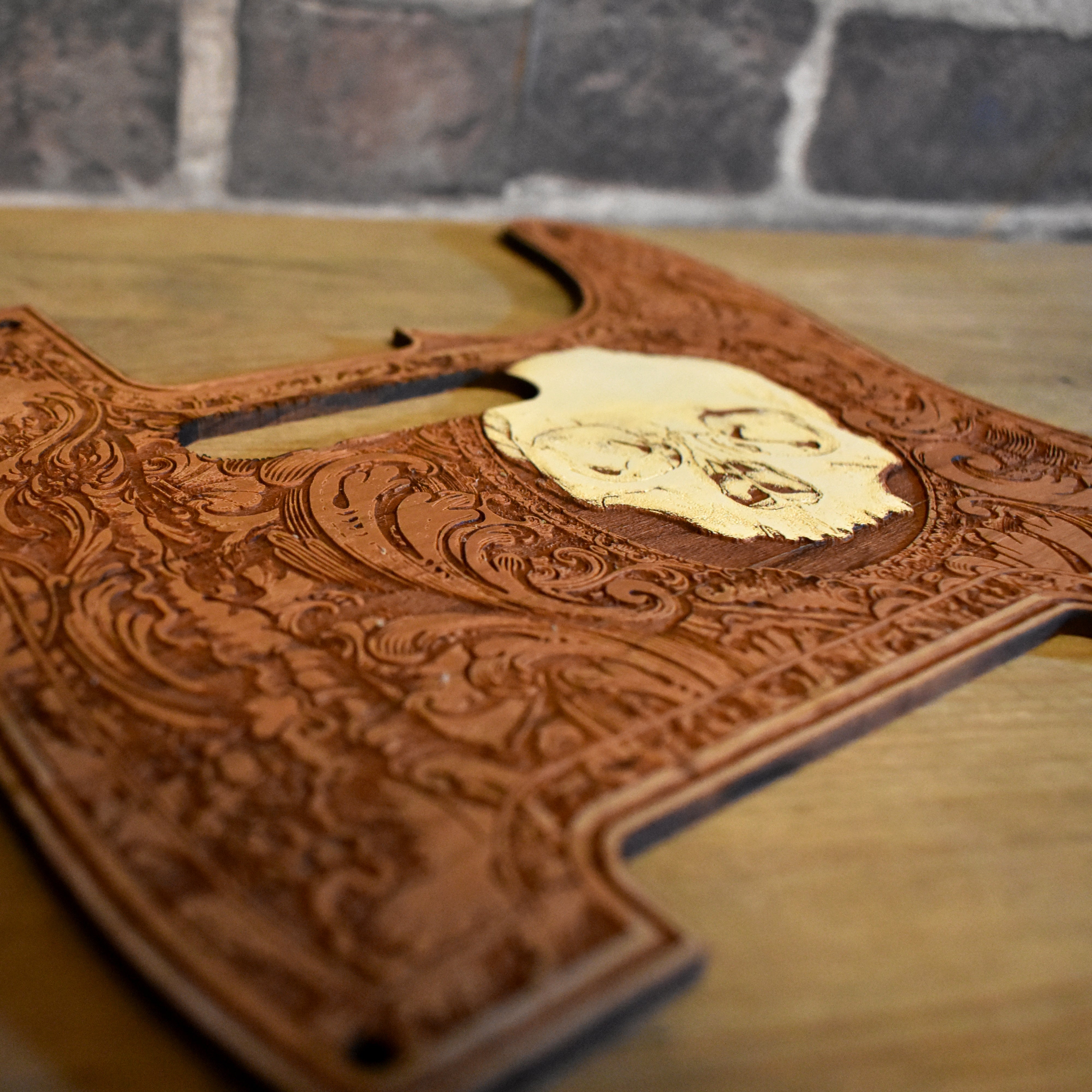 Hand-finished cherry wood pickguard with custom artwork for Fender Telecaster