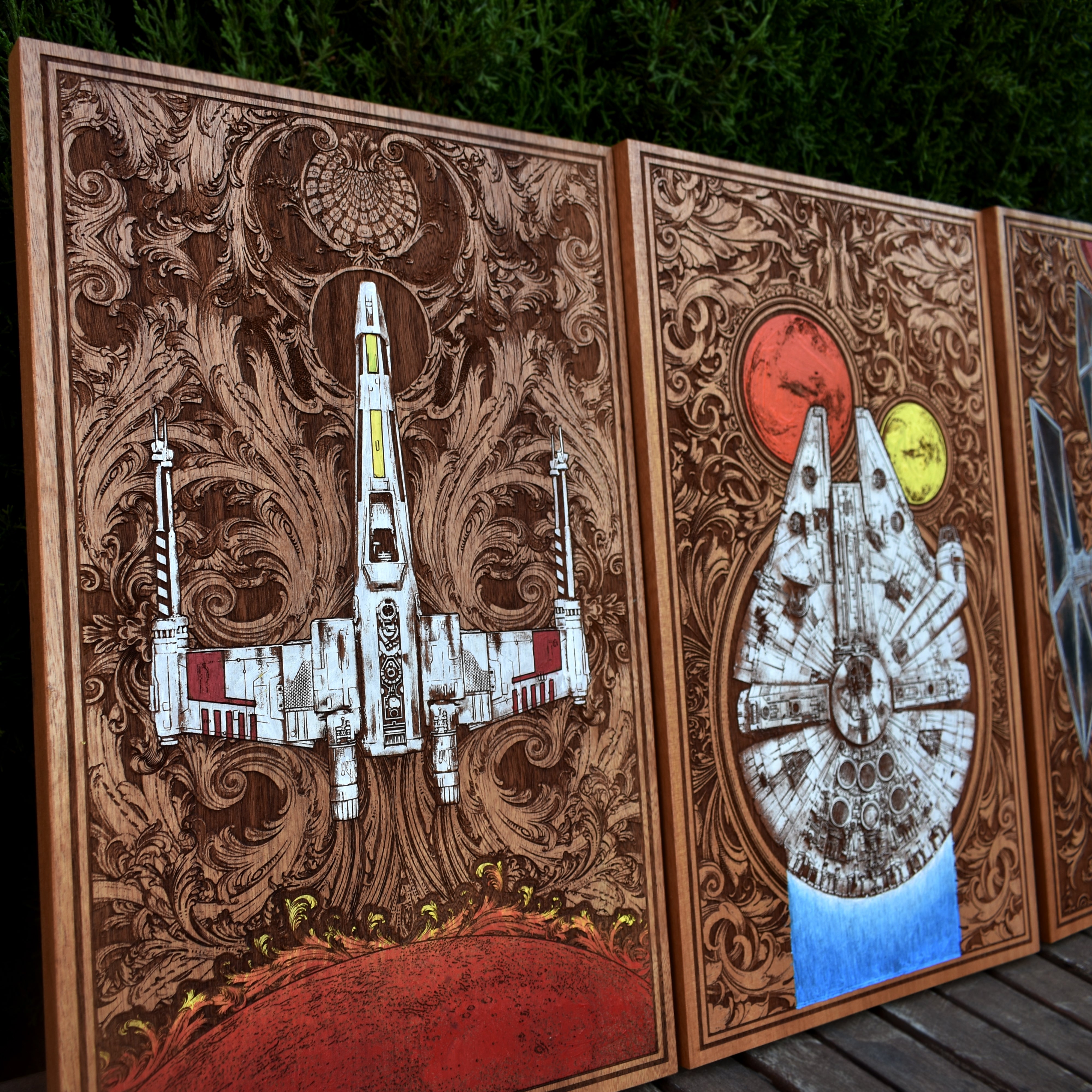 Custom wood artwork featuring Star Wars spaceships, hand-painted on natural cedar for a one-of-a-kind wall décor piece.