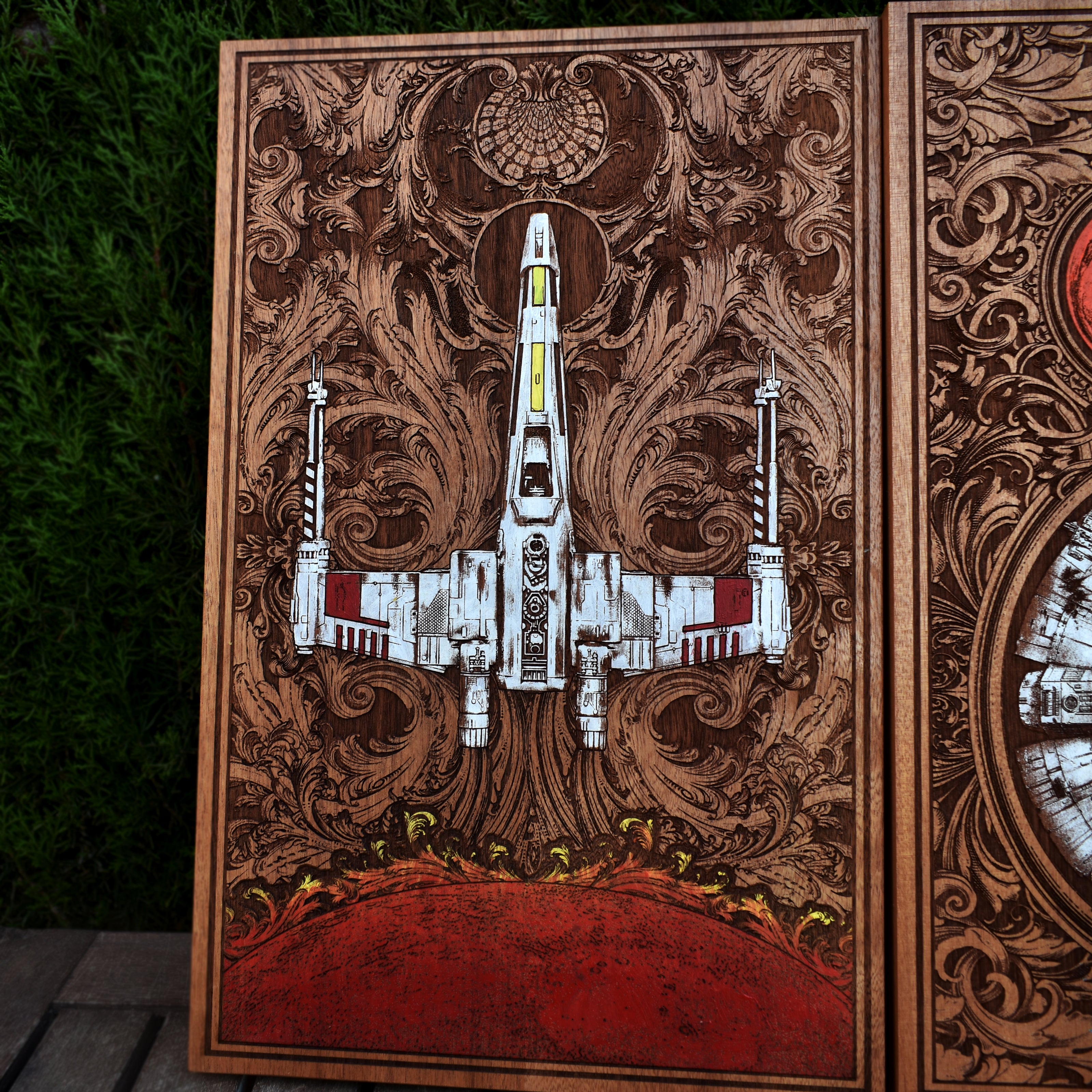 Triptych wall art with iconic Star Wars ships, adding a unique and rustic touch to sci-fi-themed home décor.