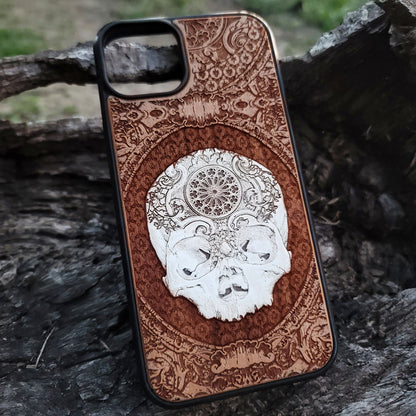 Gothic skeleton art wood phone case with a hauntingly detailed skull design, perfect for alternative and gothic fashion.