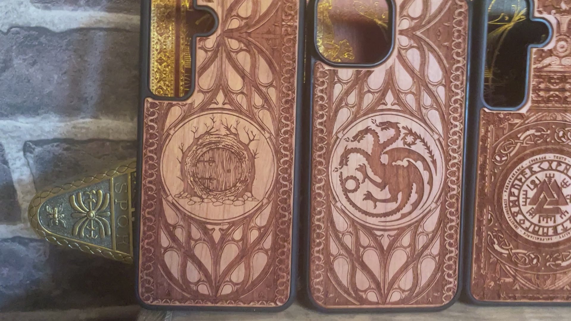 iPhone & Samsung Galaxy Wood Phone Case -Artwork "Wheel of Time" Gold Painted