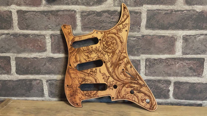 Handcrafted wooden pickguard with floral engraving, compatible with Strato-style guitars