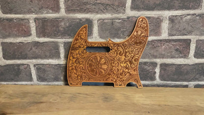 Floral 2 wood pickguard, precision-cut replacement for tecast-style electric guitars.