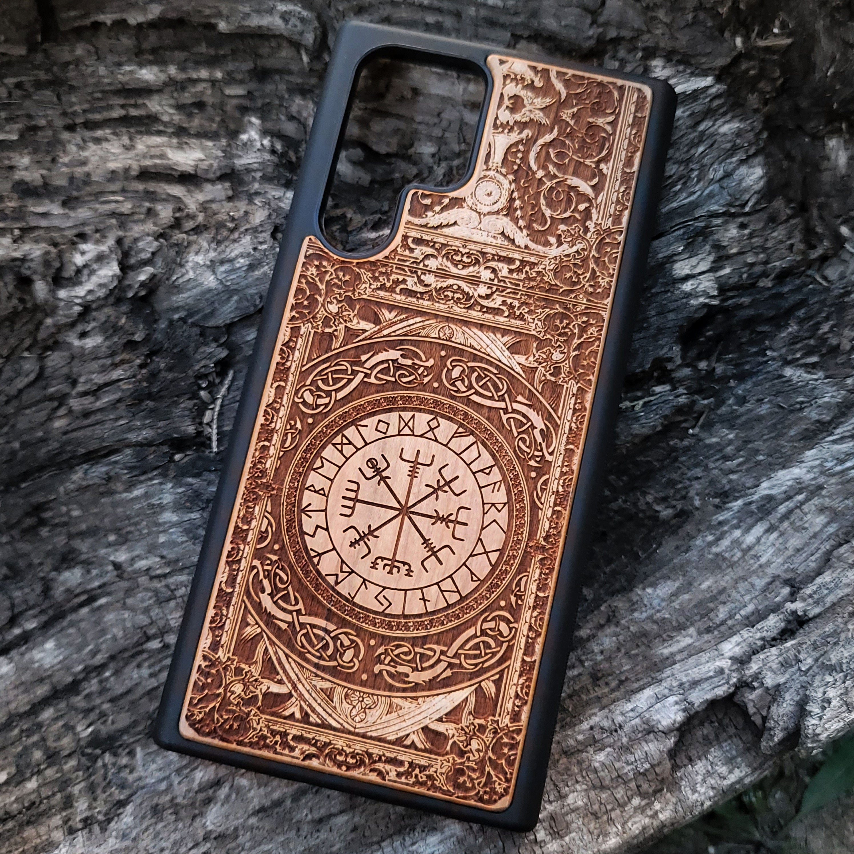 iPhone & Samsung Galaxy Wood Phone Case Viking Rune - The Vegvisir Compass II