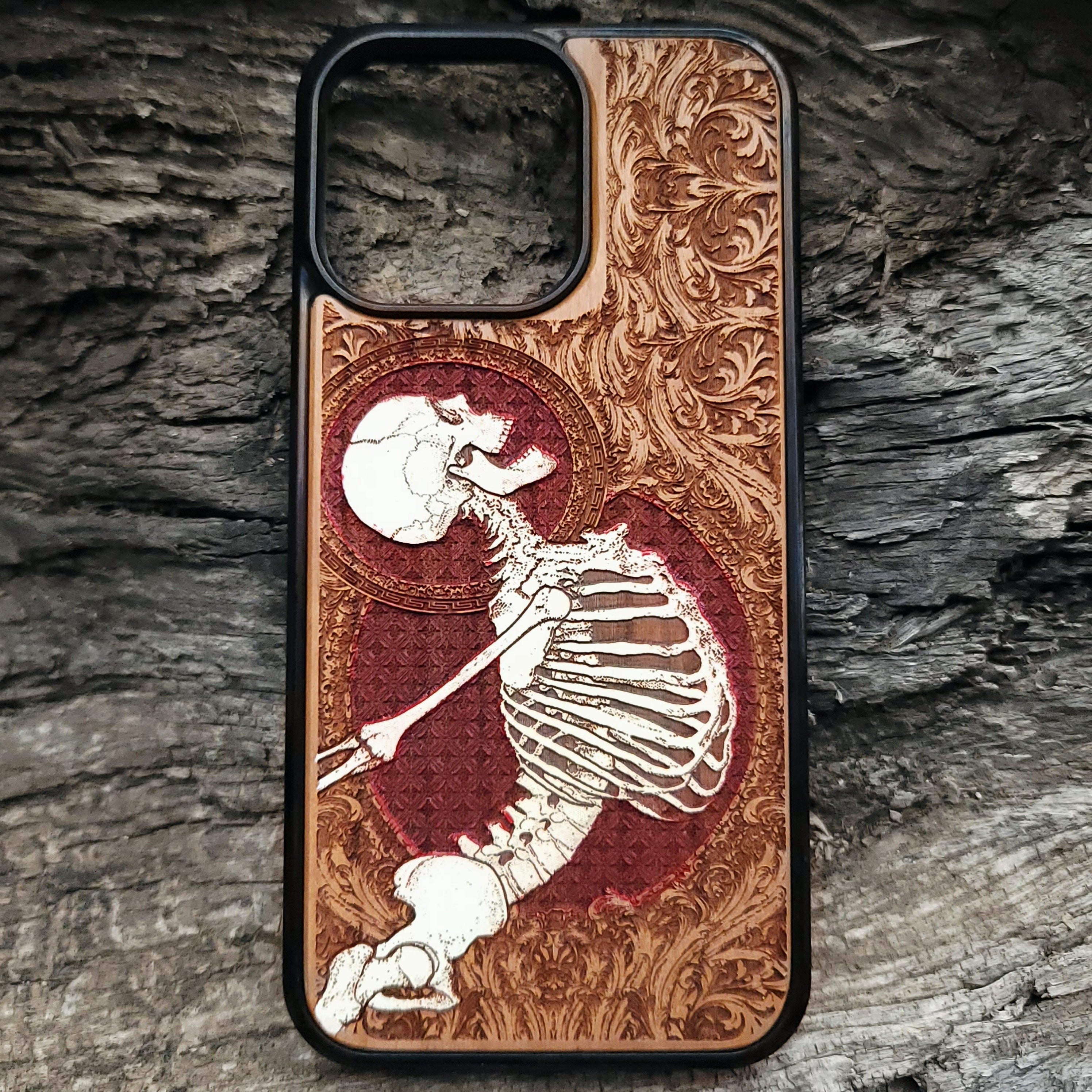 Wood Phone Case - White Skeleton & Red Background