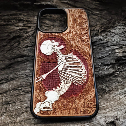 Wood Phone Case - White Skeleton & Red Background