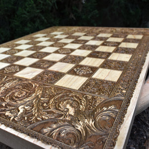 Nice Chess Game on massive wooden board with inlays including wooden  figures
